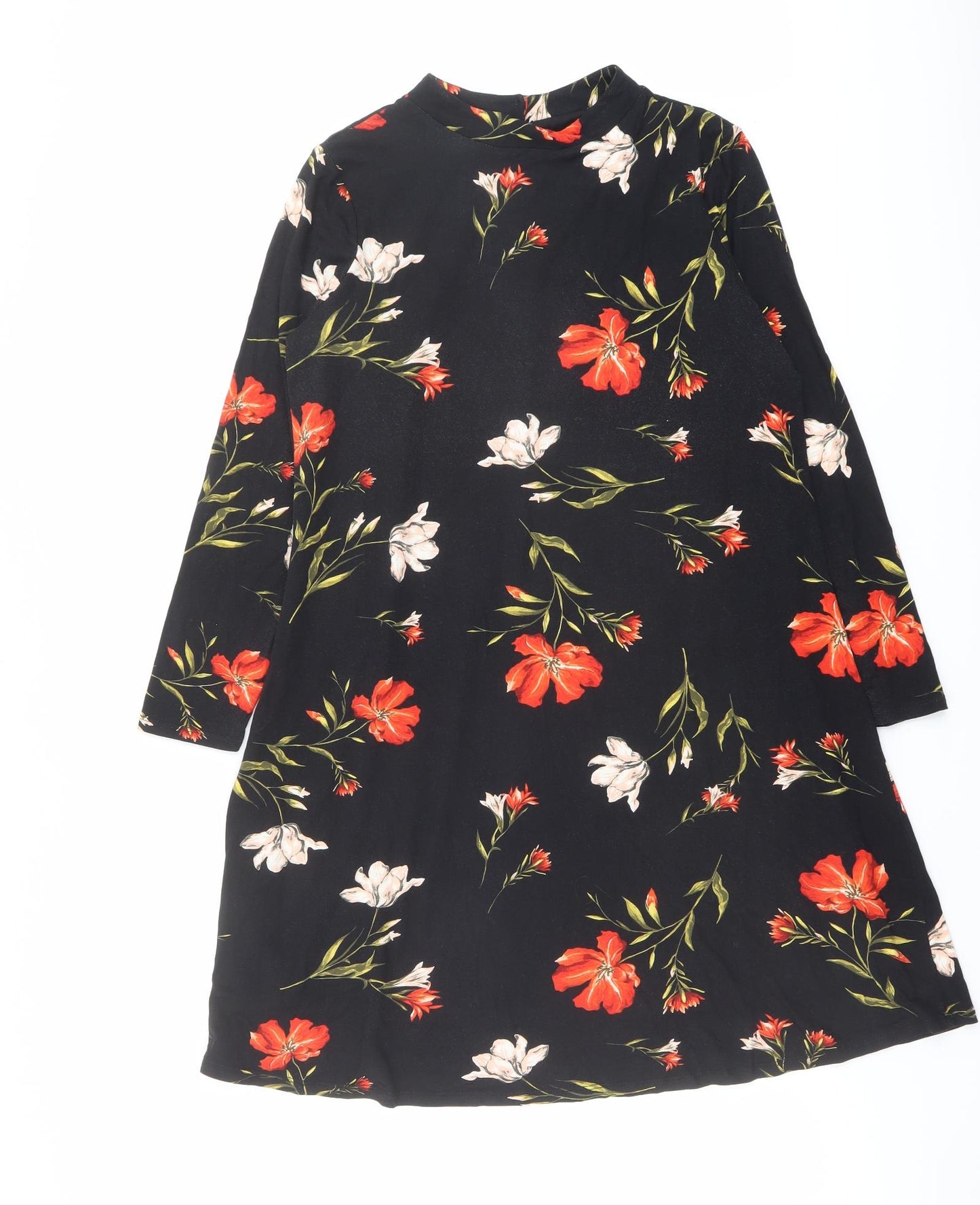 Wallis Womens Black Floral Viscose A-Line Size 12 Mock Neck Button