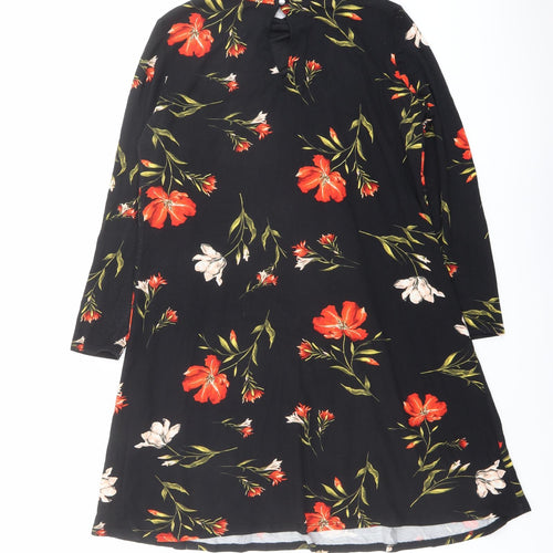 Wallis Womens Black Floral Viscose A-Line Size 12 Mock Neck Button