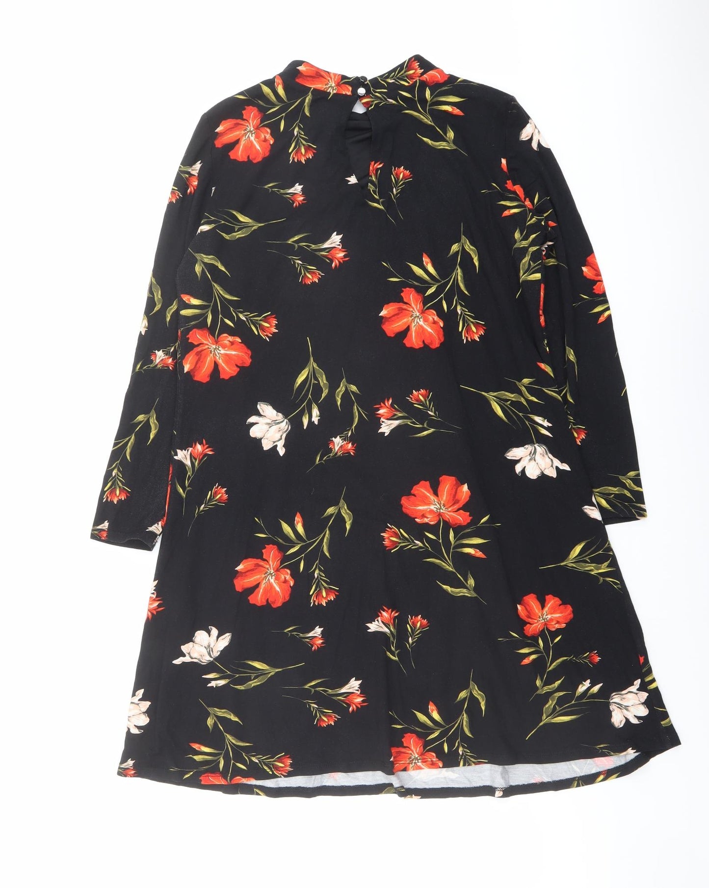 Wallis Womens Black Floral Viscose A-Line Size 12 Mock Neck Button