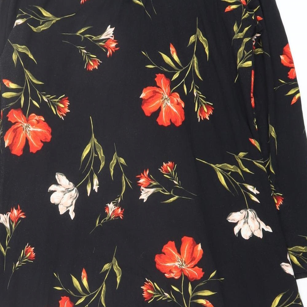 Wallis Womens Black Floral Viscose A-Line Size 12 Mock Neck Button