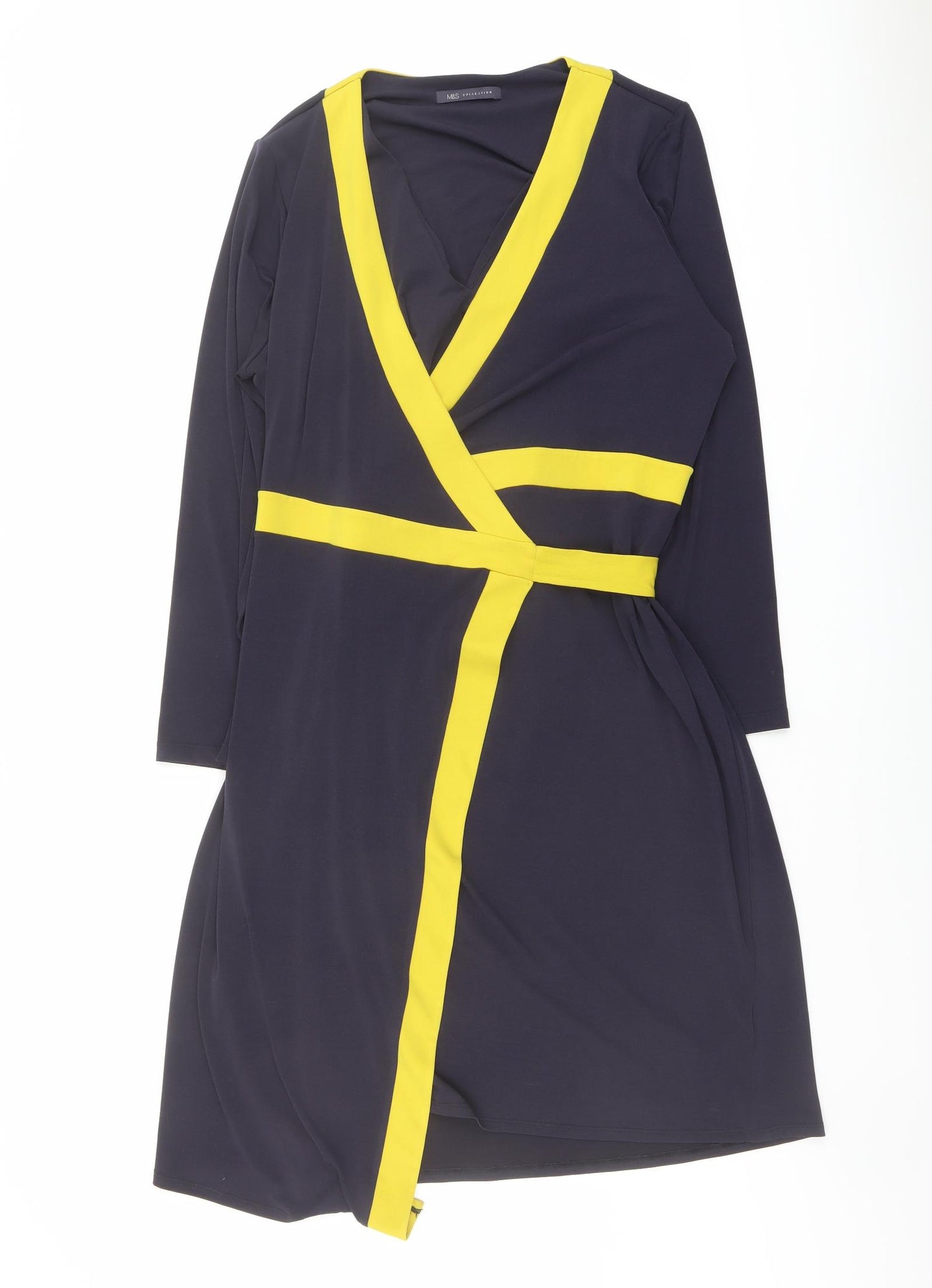 Marks and Spencer Womens Blue Colourblock Polyester Wrap Dress Size 18 V-Neck Tie