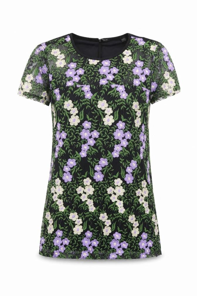 Front view of Dorothy Perkins women’s multicoloured floral polyester basic t-shirt, size UK 10, round neck