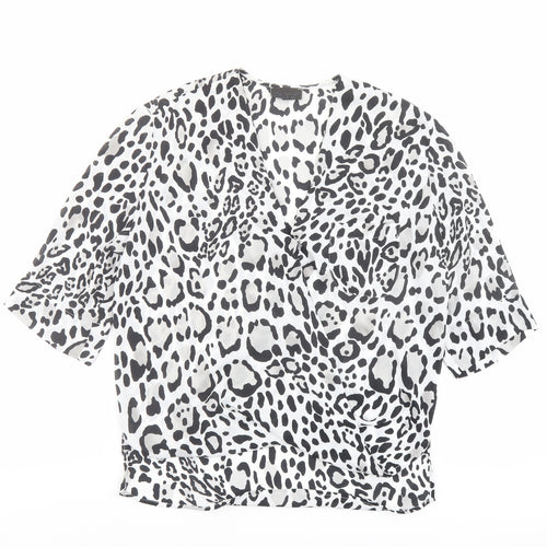 Topshop Womens Black Animal Print Polyester Basic Blouse Size 6 V-Neck - Wrap Front Detail