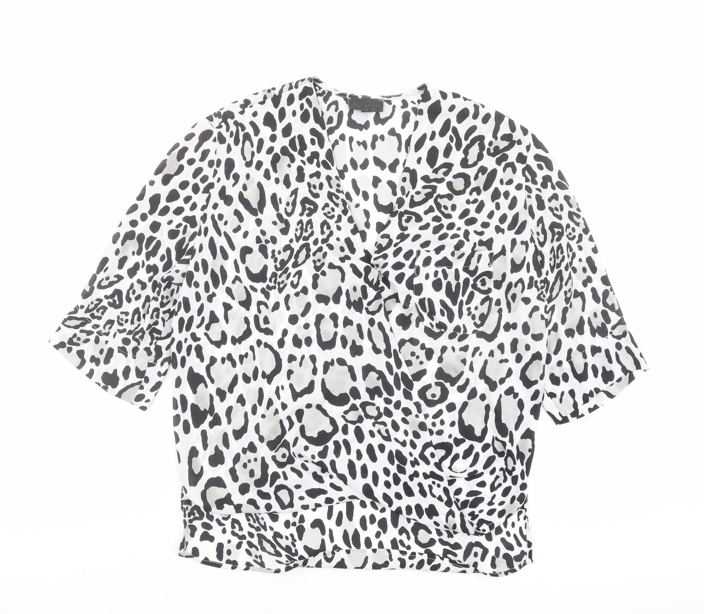 Topshop Womens Black Animal Print Polyester Basic Blouse Size 6 V-Neck - Wrap Front Detail