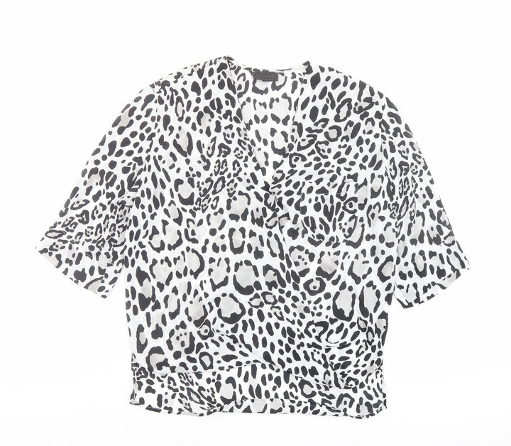 Topshop Womens Black Animal Print Polyester Basic Blouse Size 6 V-Neck - Wrap Front Detail