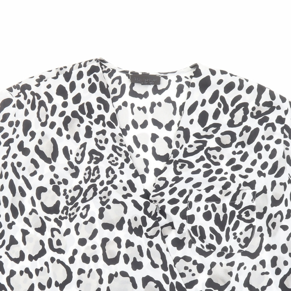Topshop Womens Black Animal Print Polyester Basic Blouse Size 6 V-Neck - Wrap Front Detail