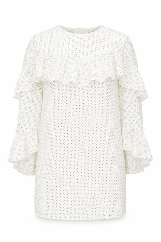 Front view of Glamorous women’s ivory polka dot polyester sheath, size UK 10, round neck zip