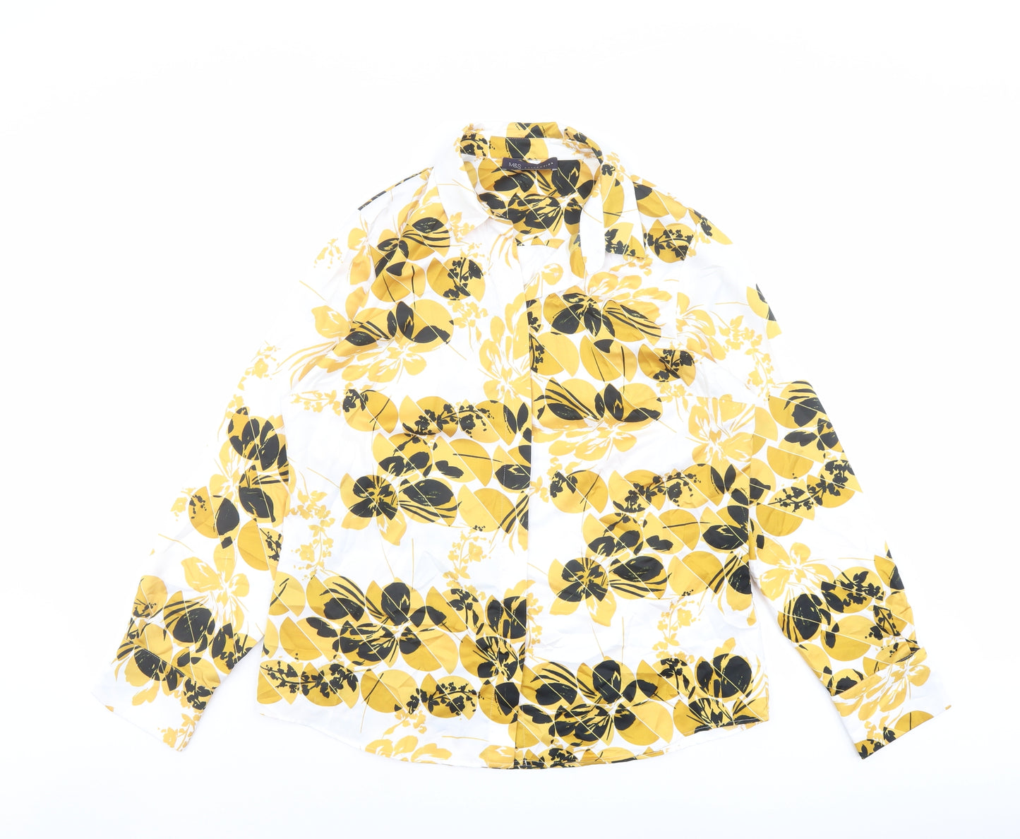 Marks and Spencer Womens Yellow Geometric Polyester Basic Button-Up Size 14 Collared
