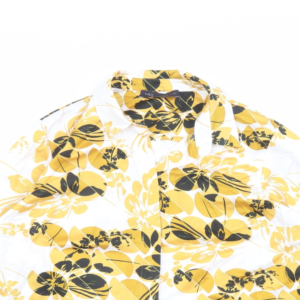 Marks and Spencer Womens Yellow Geometric Polyester Basic Button-Up Size 14 Collared