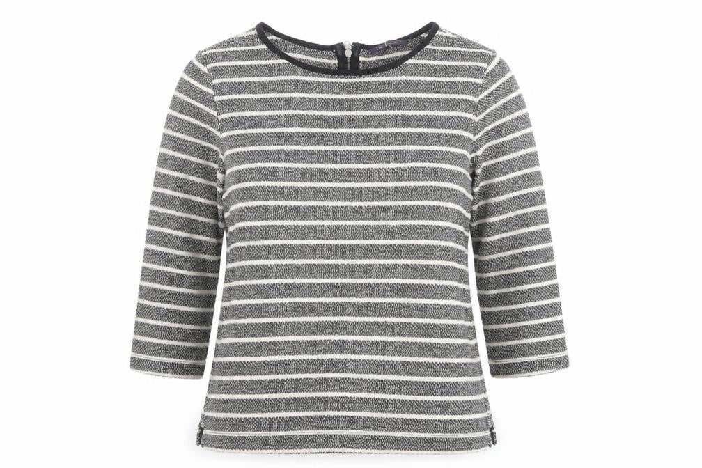 Front view of Marks & Spencer women’s grey round neck striped cotton jumper, size UK 8
