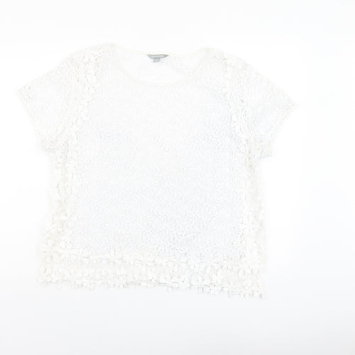Suzanne Grae Womens White Floral Polyester Basic T-Shirt Size L Round Neck