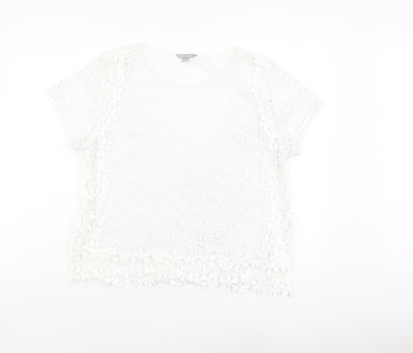 Suzanne Grae Womens White Floral Polyester Basic T-Shirt Size L Round Neck