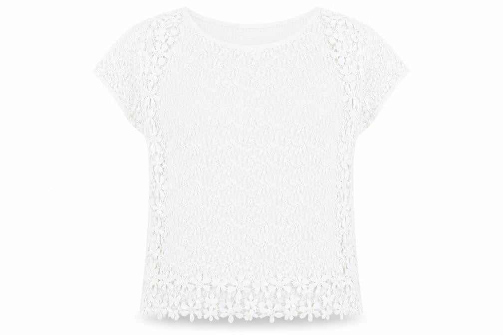 Front view of Suzanne Grae women’s white floral polyester basic t-shirt, size L, round neck