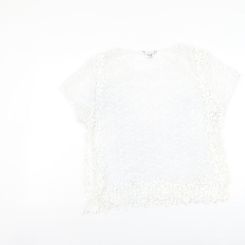 Suzanne Grae Womens White Floral Polyester Basic T-Shirt Size L Round Neck