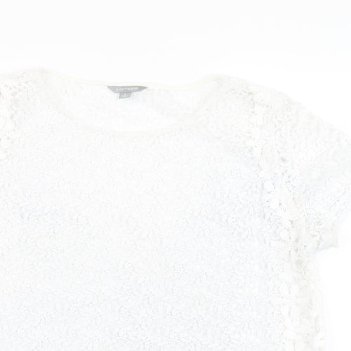 Suzanne Grae Womens White Floral Polyester Basic T-Shirt Size L Round Neck