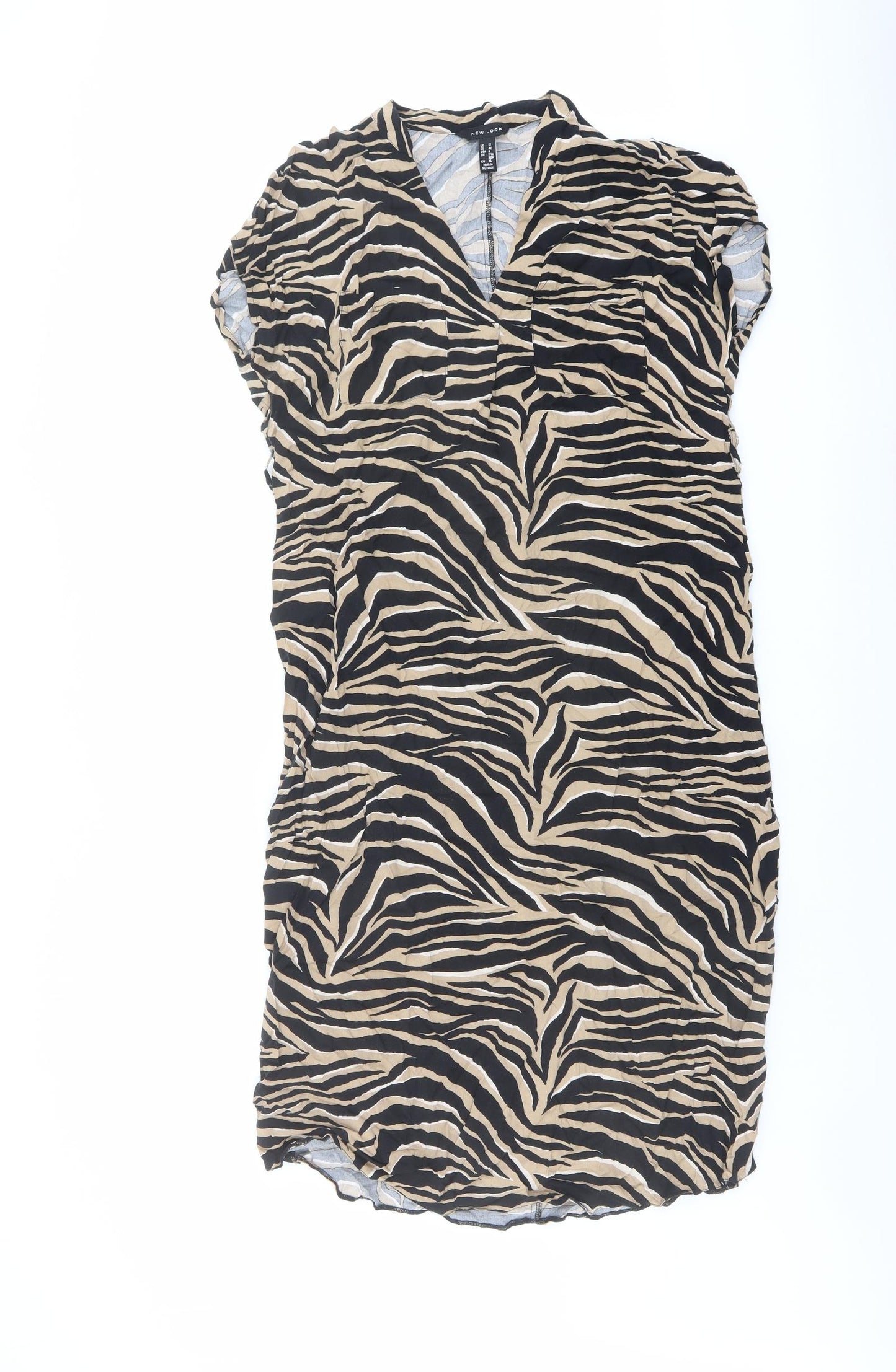 New Look Womens Brown Animal Print Viscose A-Line Size 12 V-Neck Pullover - Tiger pattern