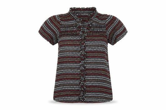 Front view of Zara women’s multicoloured geometric polyester basic button-up, size M, v-neck