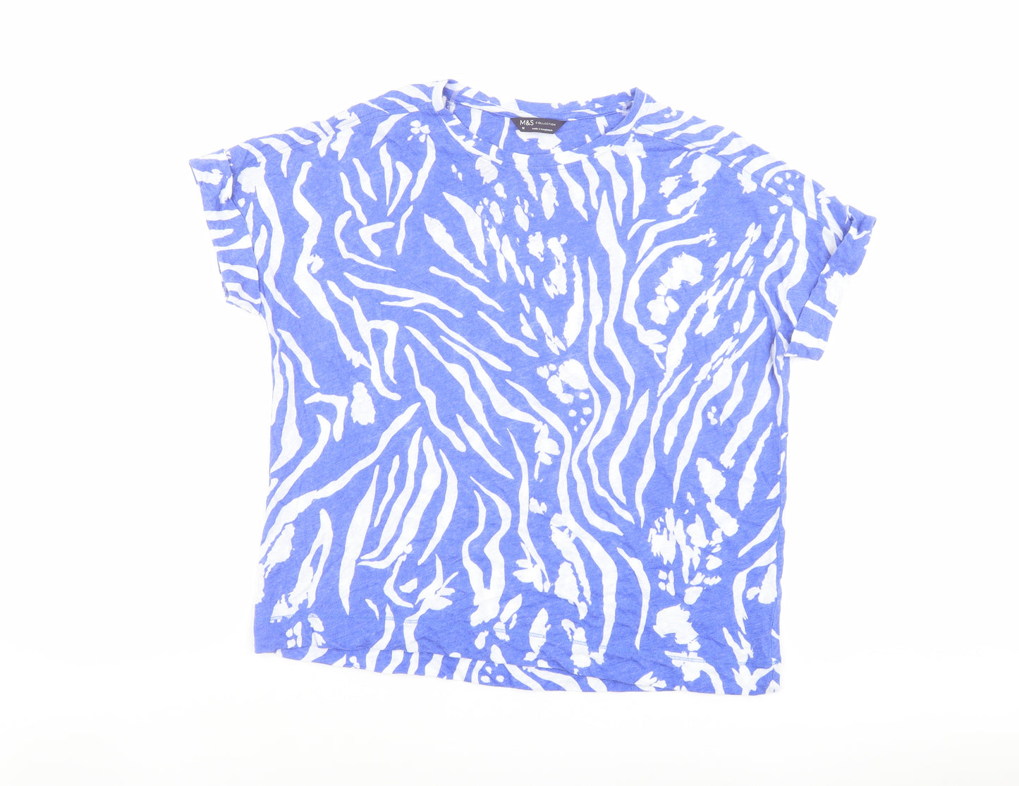 Marks and Spencer Womens Blue Animal Print Linen Basic T-Shirt Size 16 Round Neck - Tiger Print