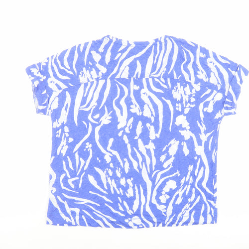 Marks and Spencer Womens Blue Animal Print Linen Basic T-Shirt Size 16 Round Neck - Tiger Print