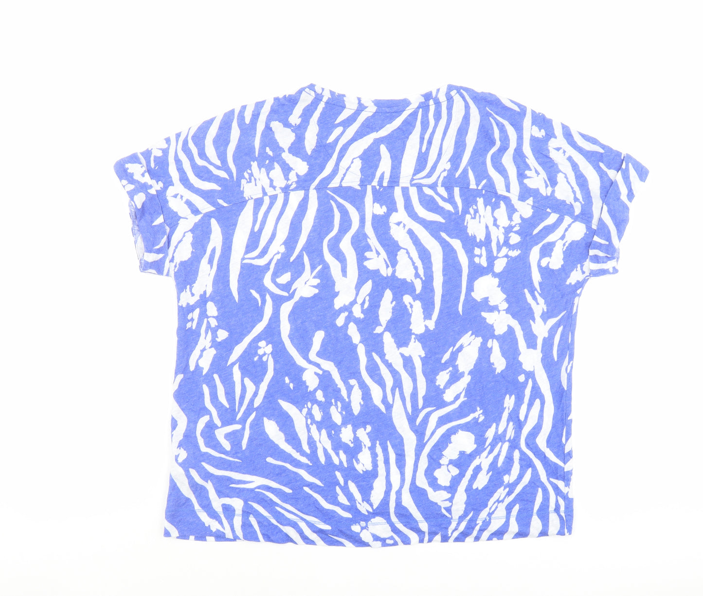 Marks and Spencer Womens Blue Animal Print Linen Basic T-Shirt Size 16 Round Neck - Tiger Print