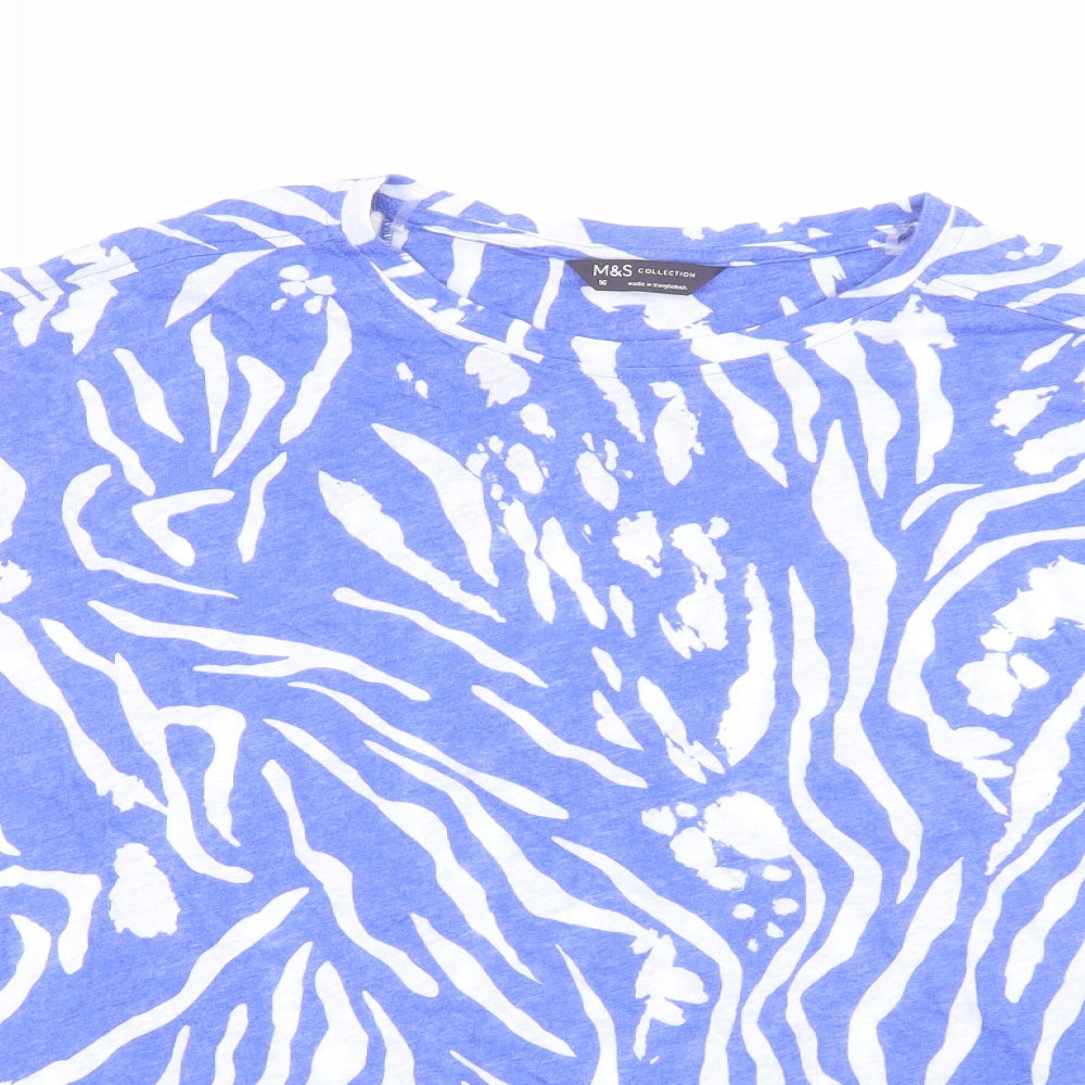 Marks and Spencer Womens Blue Animal Print Linen Basic T-Shirt Size 16 Round Neck - Tiger Print