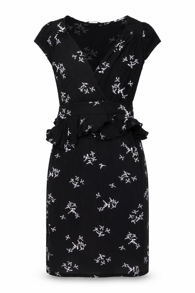Front view of Dorothy Perkins women’s black geometric viscose a-line, size UK 8, v-neck pullover - bird pattern