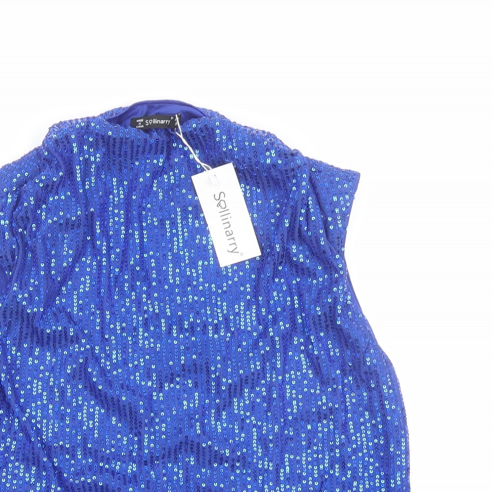Sollinary Womens Blue Polyester Basic Tank Size S Cowl Neck
