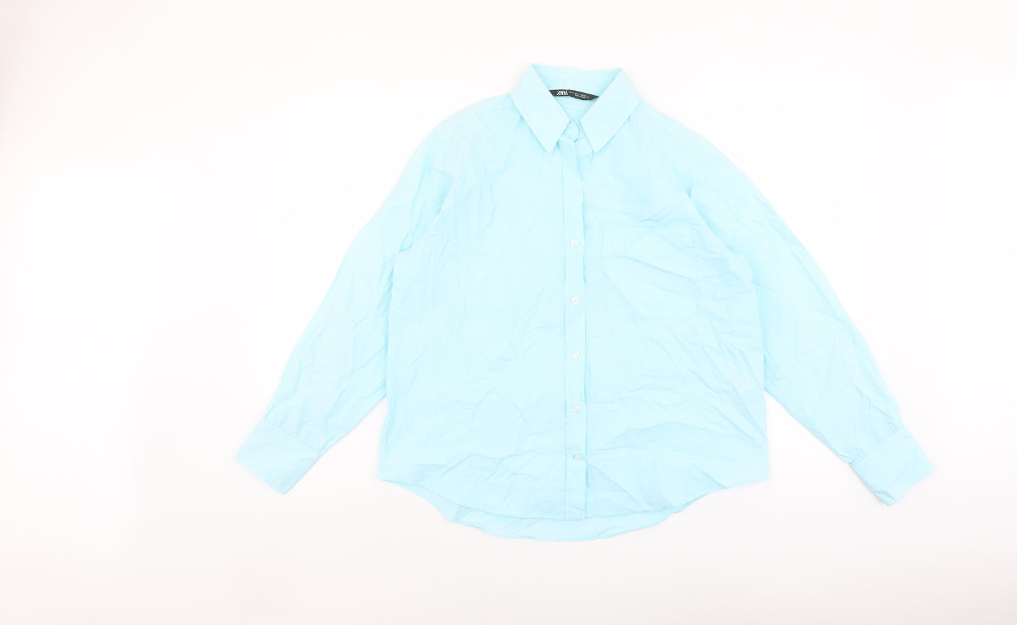 Zara Womens Blue Cotton Basic Button-Up Size S Collared