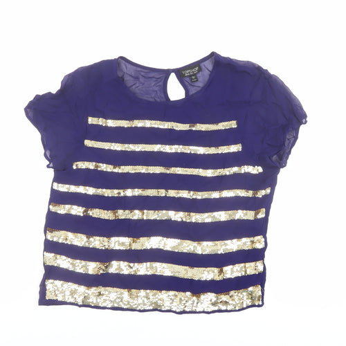 Topshop Womens Blue Striped Polyester Basic Blouse Size 10 Round Neck