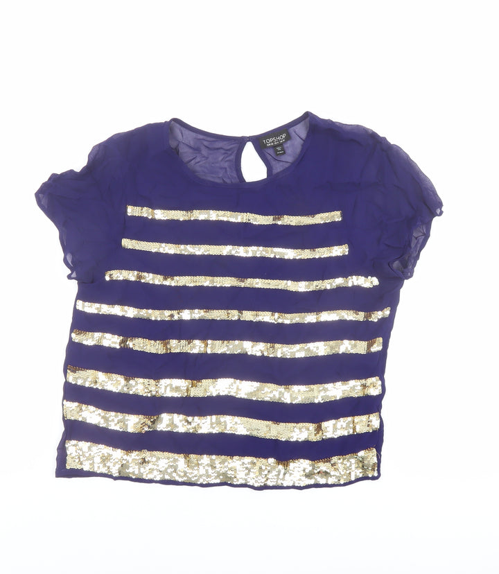 Topshop Womens Blue Striped Polyester Basic Blouse Size 10 Round Neck