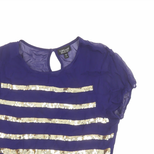 Topshop Womens Blue Striped Polyester Basic Blouse Size 10 Round Neck