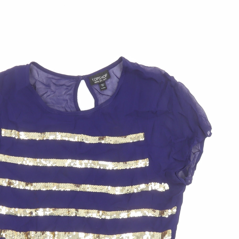 Topshop Womens Blue Striped Polyester Basic Blouse Size 10 Round Neck