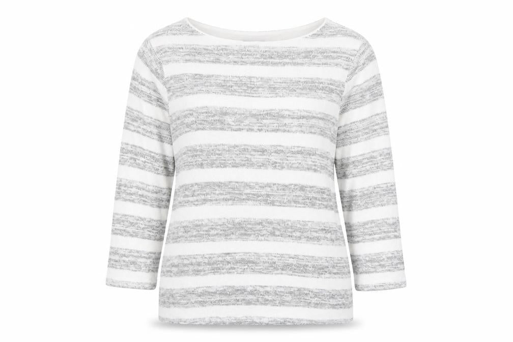 Front view of Phase Eight women’s grey round neck striped polyester jumper, size UK 10