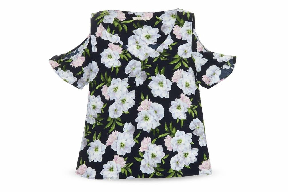 Front view of Oasis women’s multicoloured floral polyester basic blouse, size UK 10, v-neck - cold shoulder