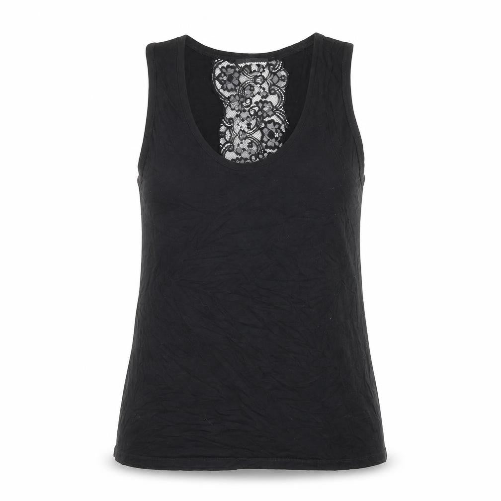 Front view of Warehouse women’s black viscose basic tank, size UK 10, round neck