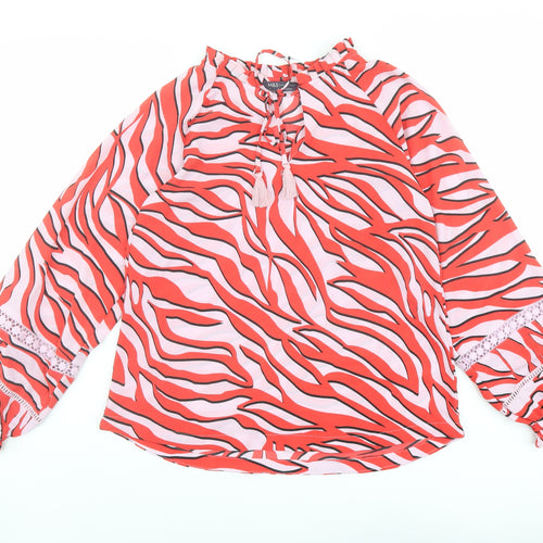 Marks and Spencer Womens Red Animal Print Polyester Basic Blouse Size 6 V-Neck - Tiger Print