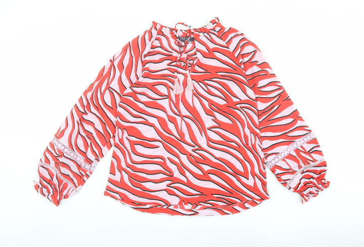 Marks and Spencer Womens Red Animal Print Polyester Basic Blouse Size 6 V-Neck - Tiger Print