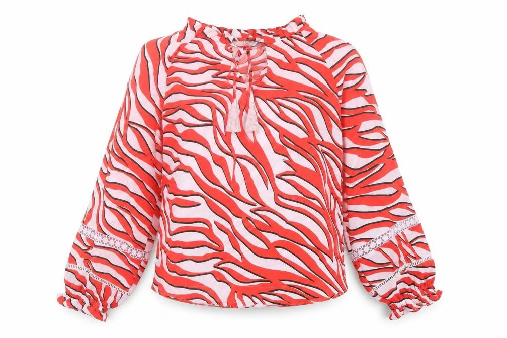 Front view of Marks & Spencer women’s red animal print polyester basic blouse, size UK 6, v-neck - tiger print