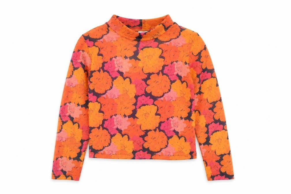 Front view of River Island girls’ orange floral polyester basic t-shirt, size 11-12, years mock neck pullover