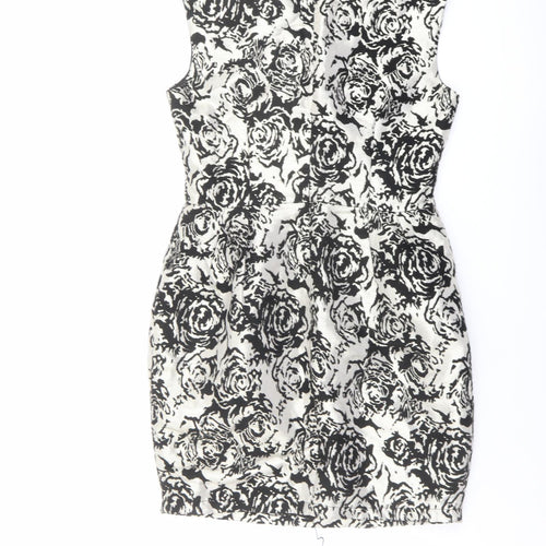 Glamorous Womens Black Floral Cotton Shift Size 10 Round Neck Zip