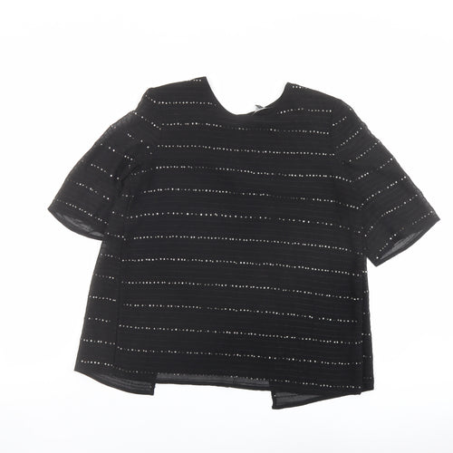 NEXT Womens Black Striped Polyester Basic T-Shirt Size 10 Round Neck