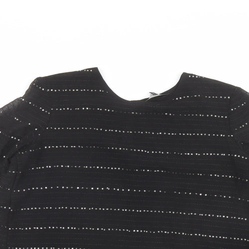 NEXT Womens Black Striped Polyester Basic T-Shirt Size 10 Round Neck