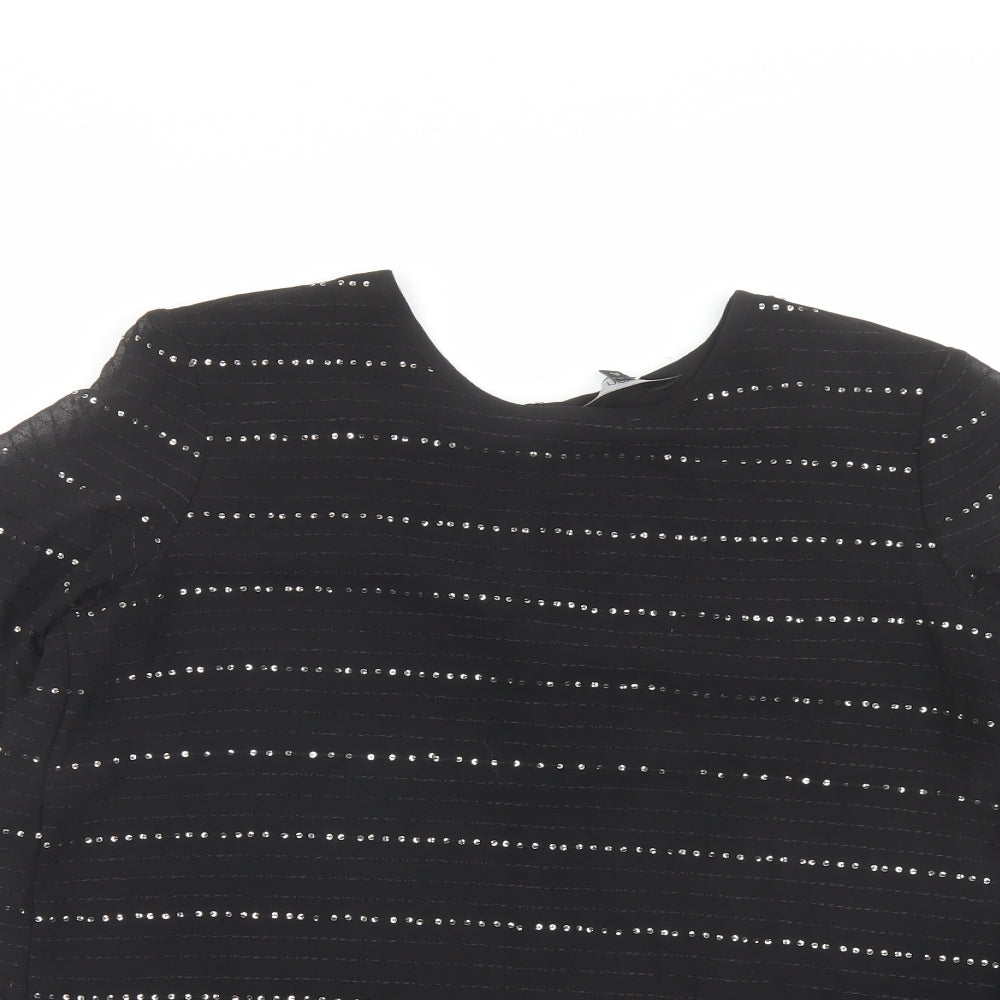 NEXT Womens Black Striped Polyester Basic T-Shirt Size 10 Round Neck