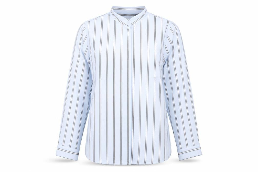 Front view of New Look women’s blue striped polyester basic button-up, size UK 10, collared