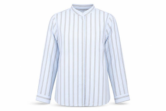 Front view of New Look women’s blue striped polyester basic button-up, size UK 10, collared