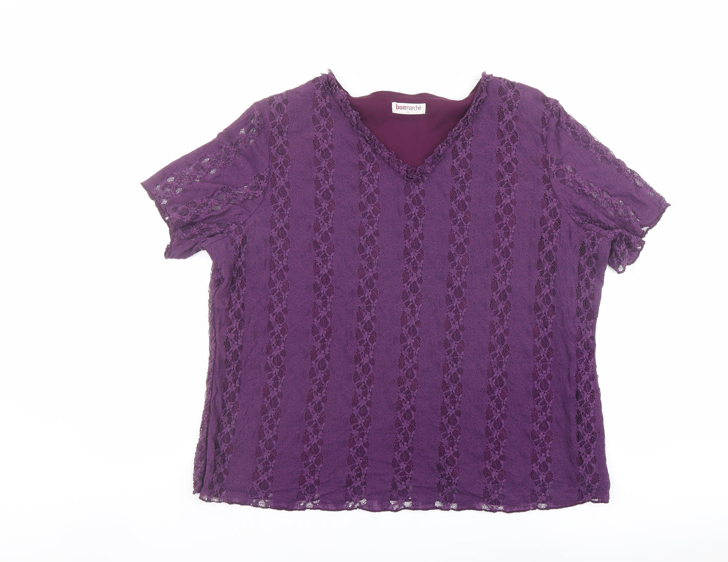Bonmarché Womens Purple Striped Nylon Basic T-Shirt Size XL V-Neck