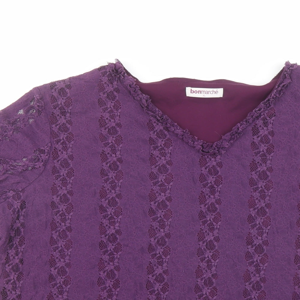 Bonmarché Womens Purple Striped Nylon Basic T-Shirt Size XL V-Neck