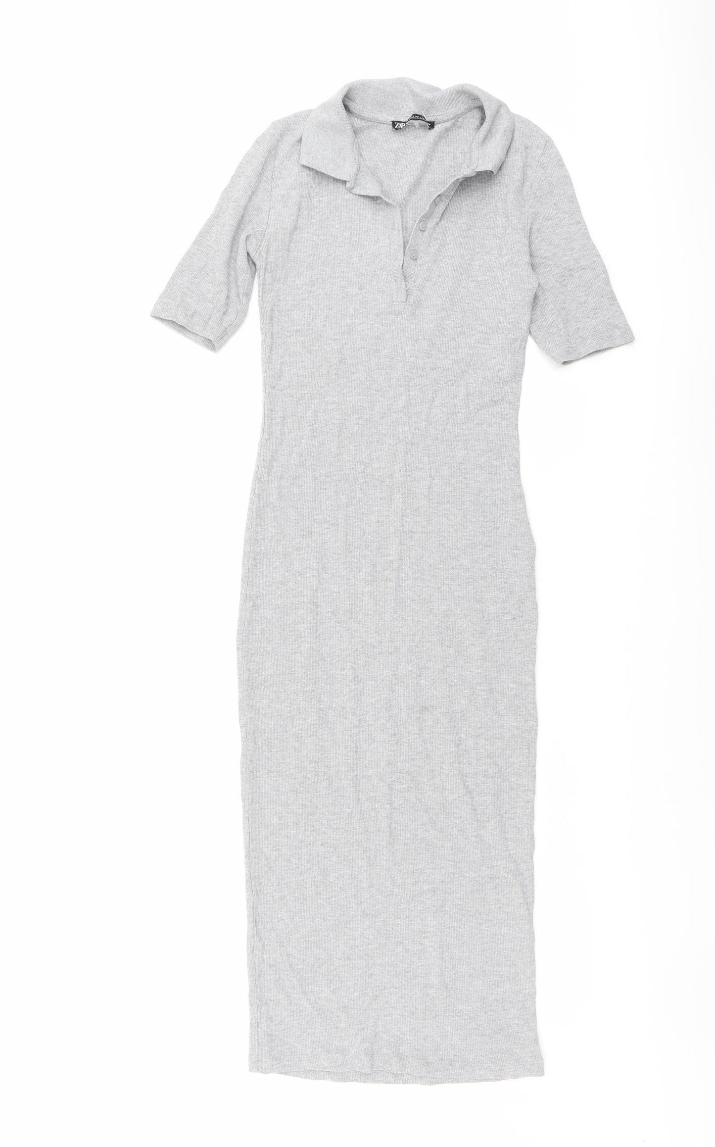 Zara Womens Grey Cotton Shirt Dress Size S Collared Button