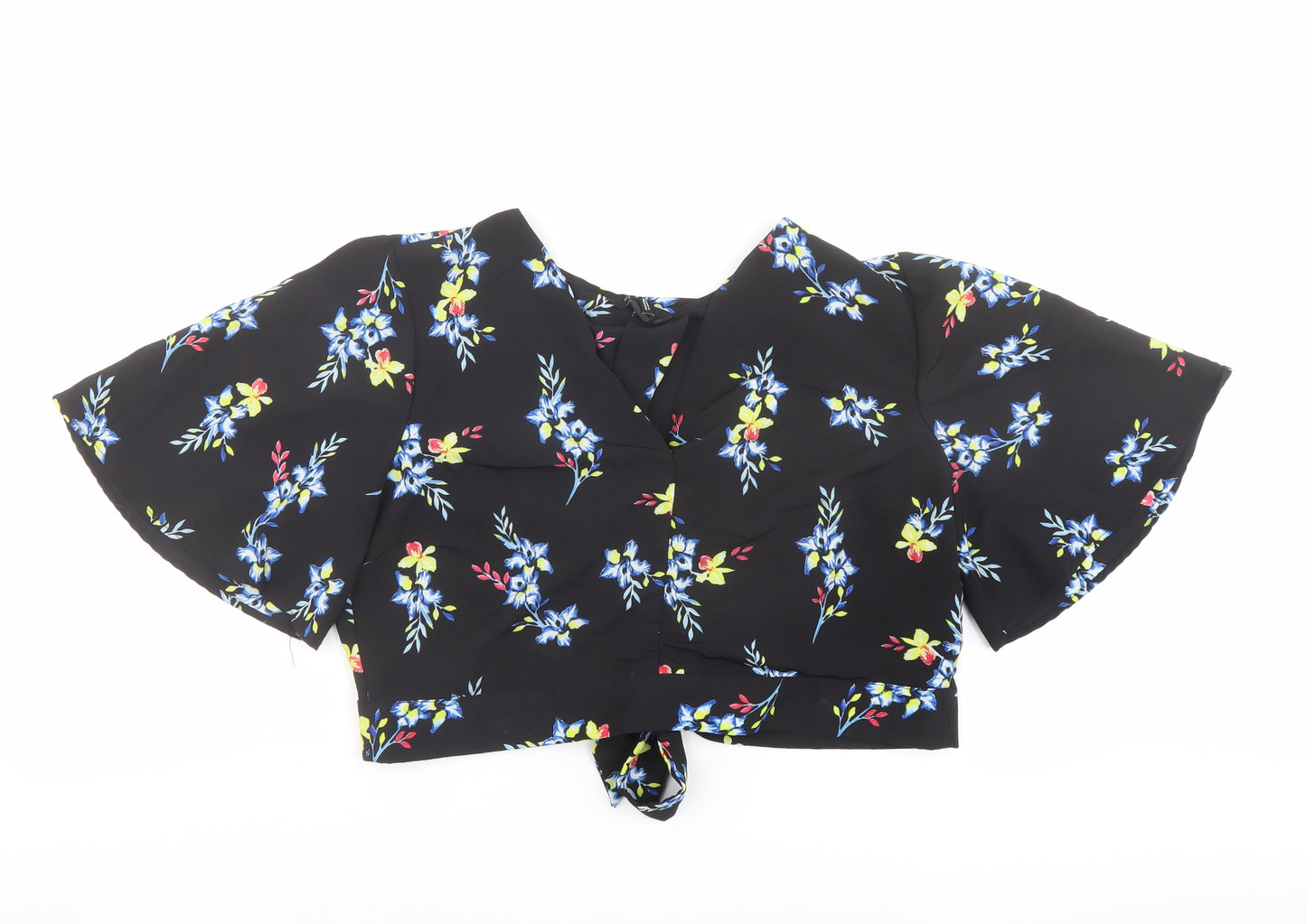 New Look Womens Black Floral Polyester Cropped Blouse Size 16 V-Neck