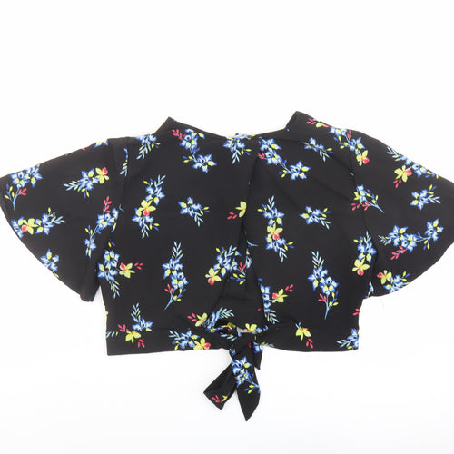 New Look Womens Black Floral Polyester Cropped Blouse Size 16 V-Neck